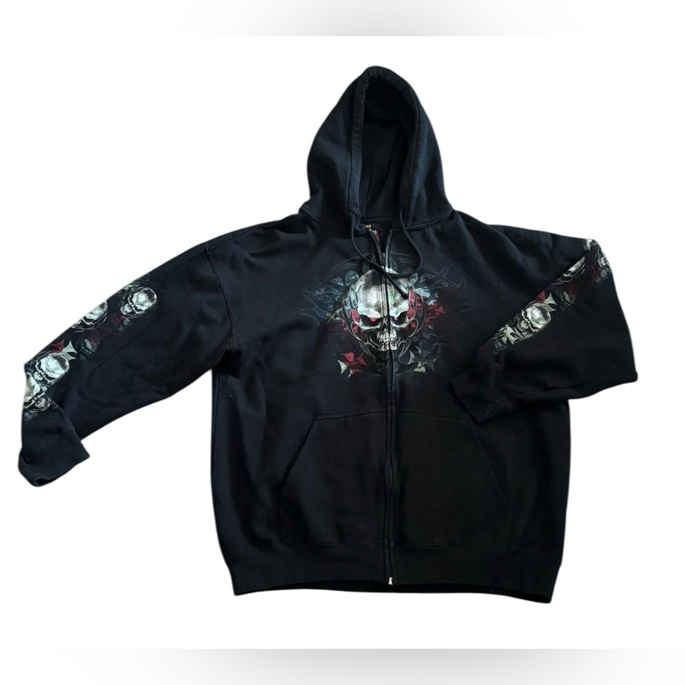 Hot Leathers Men's Skull Hooded Sweatshirt Sz 2X Full Zip Black Grunge Street